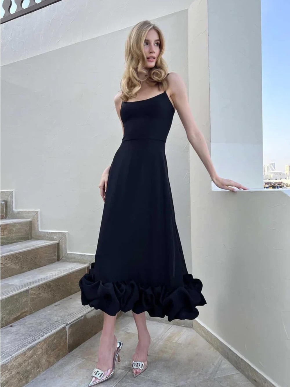 REINA MIDI DRESS - BLACK - Black Ruffle-Hem Midi Dress